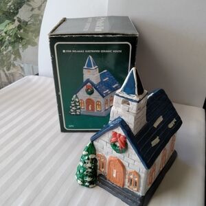 Electrified Ceramic House with Blue Roof Christmas Village Decor